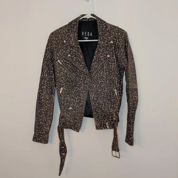 Veda Leopard Print Leather Biker Jacket - Picture 2 of 10